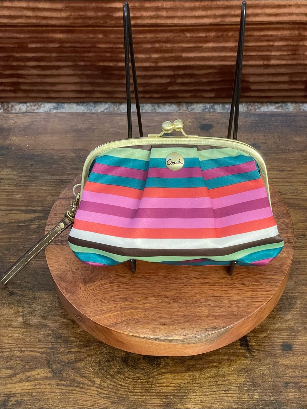 COACH Vintage Sateen Legacy Stripe Kisslock Wristlet